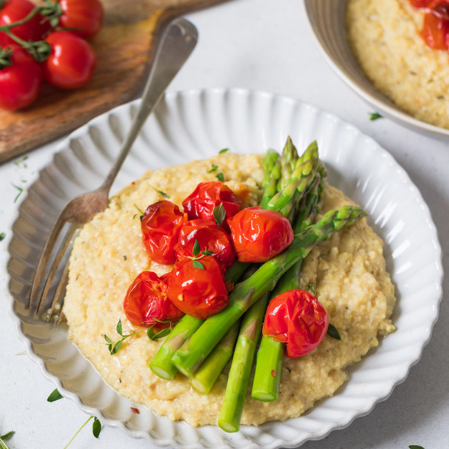 Millet Polenta With Roasted Cherry Tomatoes & Asparagus