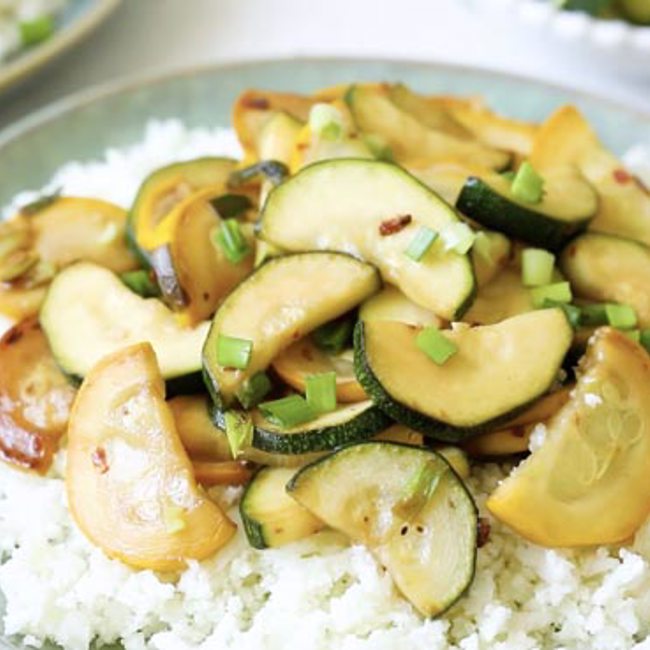 Zucchini and Summer Squash Stir-Fry Over Cauliflower Rice