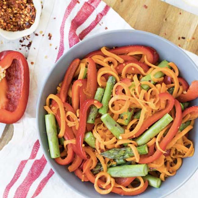Sweet Potato Noodles with Garlic, Red Pepper & Asparagus